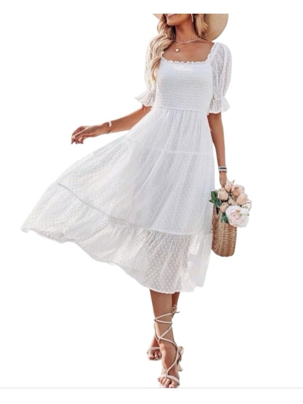 White Swiss Dot Bohemian Midi Dress with Smocked Bodice, M